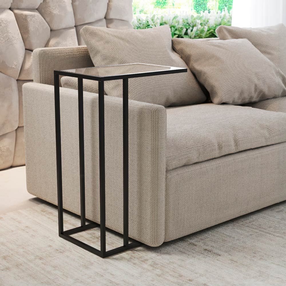 Mesa Lateral Elena Industrial Preto com Tampo de Vidro