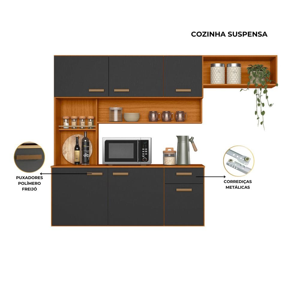 Cozinha Suspensa Com Balcão 180cm Manu Freijo Uv Grafite Acetinado - SSX Multicoisas