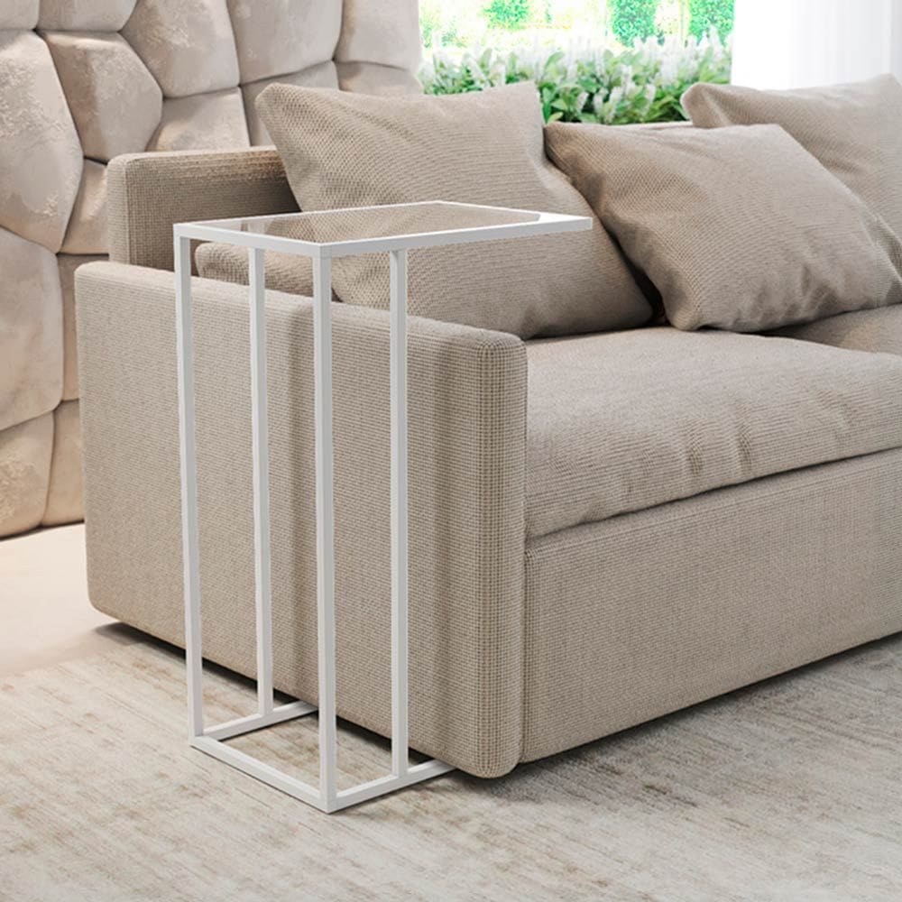Mesa Lateral Elena Industrial Branco com Tampo de Vidro
