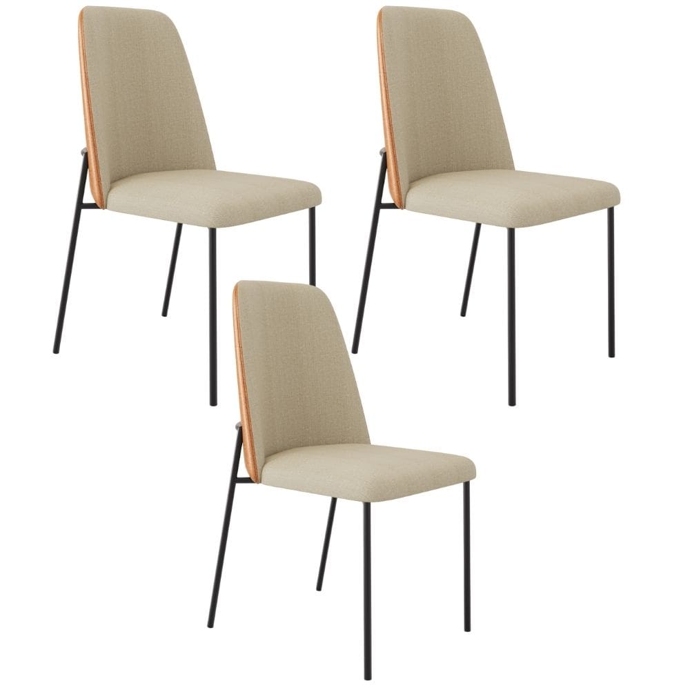 Kit 03 Cadeiras Decorativa Estofada Sala De Jantar Bella L02 Couríssimo Whisky Linho Bege - Lyam Decor