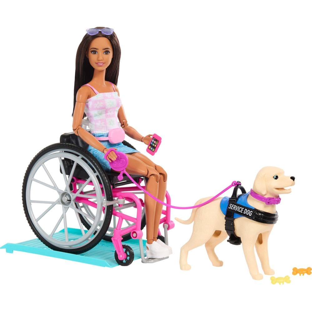 Boneca moderna Barbie Brunette com cão de serviço, cadeira de rodas e acessórios