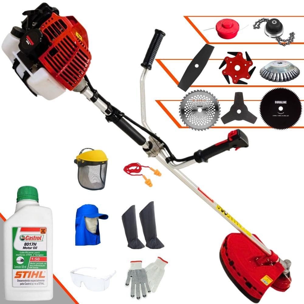 Roçadeira KW52-L Kawashima 52cc Com Carretel + Facas 2 Pontas, 3 Pontas, 6 Pontas, 40 Dentes, 80 Dentes, Trimmer e Escova de Aço + EPI + ÓLEO STIHL