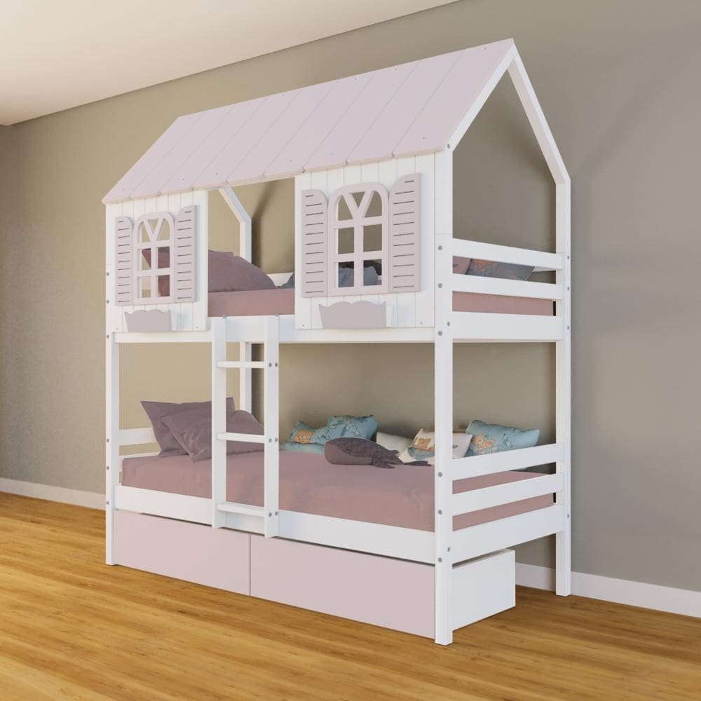 Beliche Casinha Bela com 2 Gavetas Rosa - Madeira Maciça Branco/Rosa | Housin