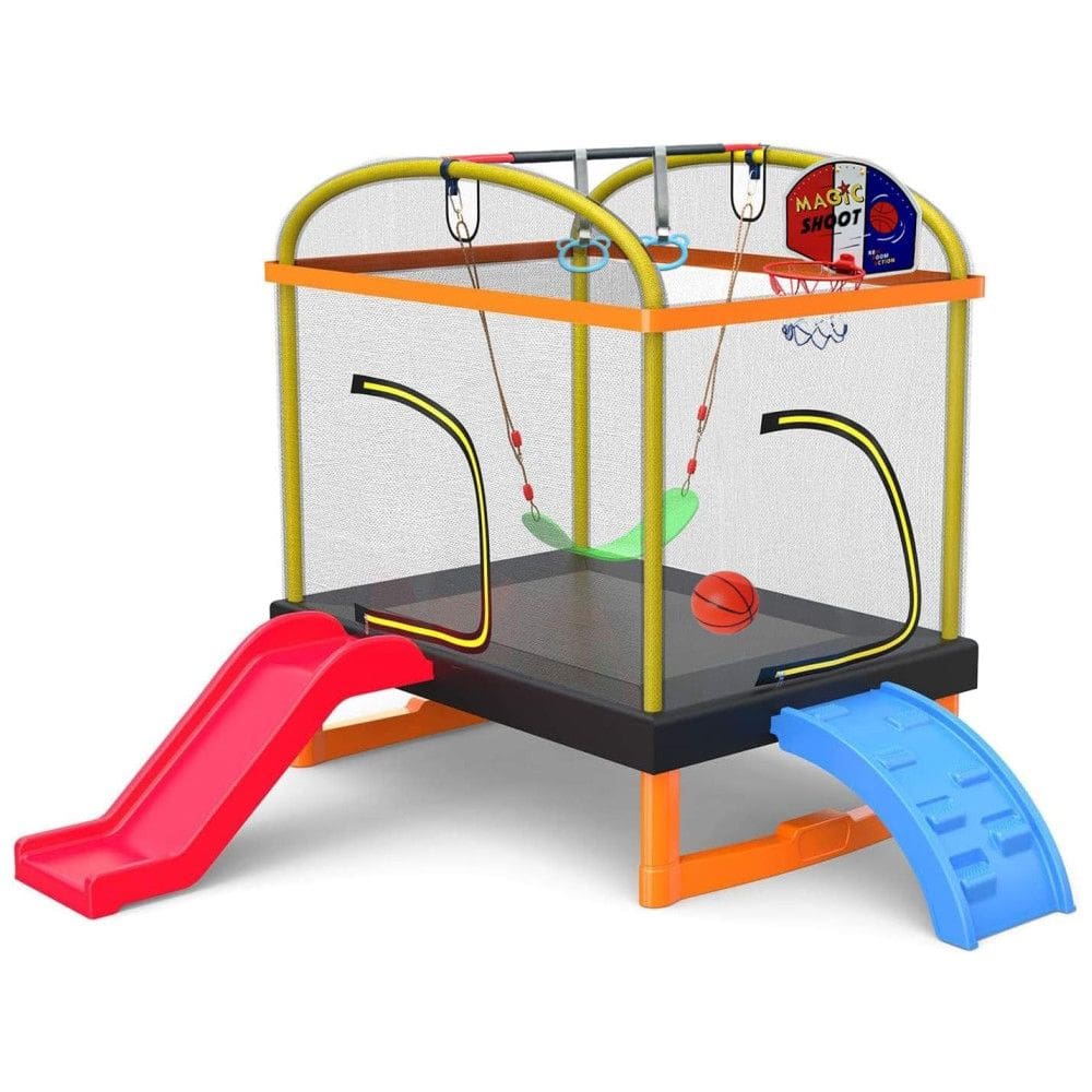 Trampolim Retângulo 4 em 1 com Escalada, Deslizar, Balanço e Mini Trampolim 1.98m LANGXUN