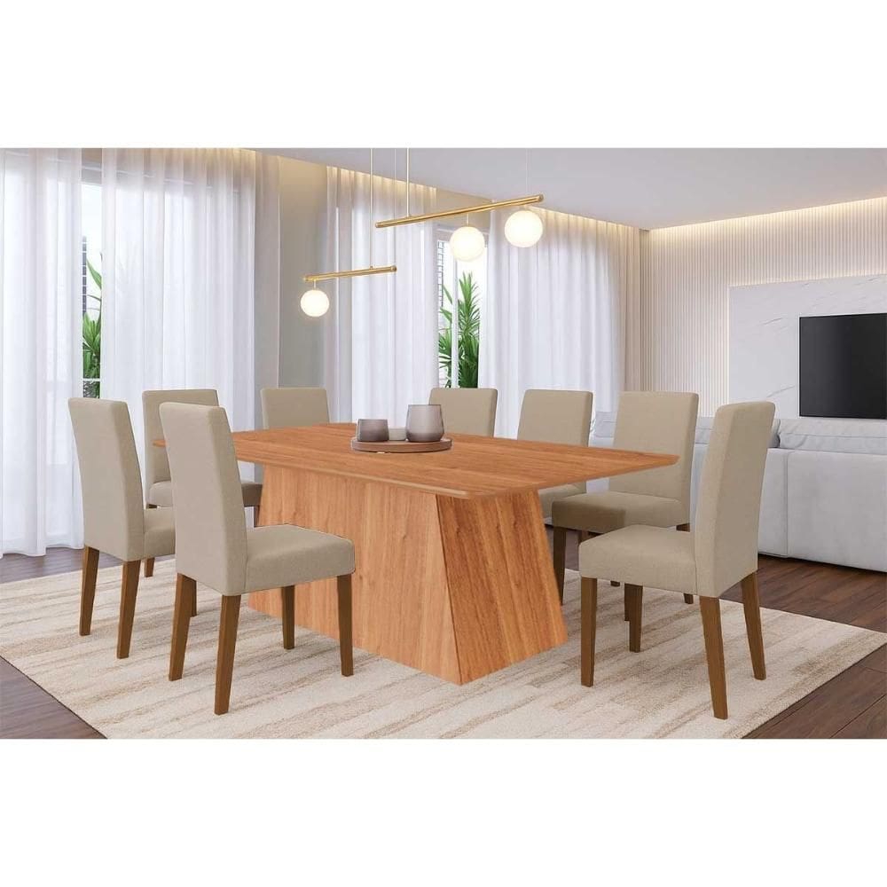Sala de Jantar Completa Helena Tampo Madeirado 210x100cm e 8 Cadeiras Maia Cinamomo - Cinamomo/Suede Gengibre Bege - Cimol