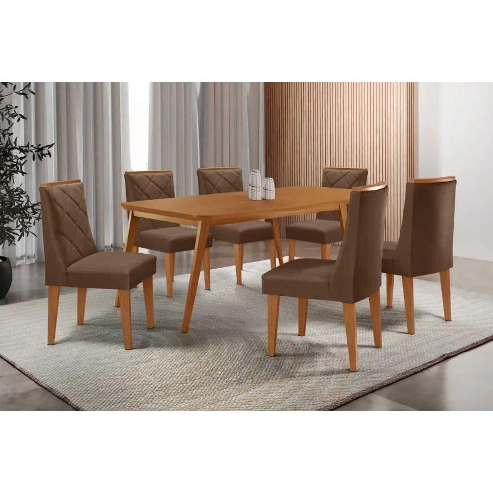 Sala de Jantar Completa Havana c/ Tampo Madeirado Canto Curvo 180x90cm e 6 Cadeiras Pietá Naturale - Suede Marrom - Rufato