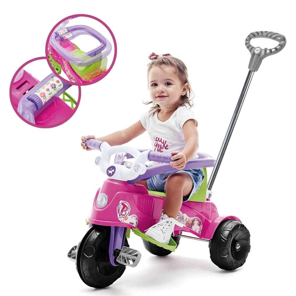 Triciclo Infantil com empurrador e pedal Rosa