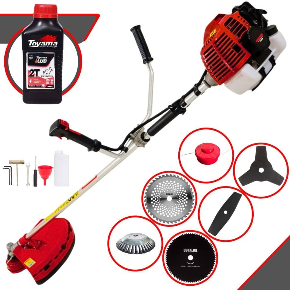 Roçadeira Kawashima KW52L À Gasolina 52cc 2,5HP 6 Em 1 Com Carretel + Faca 2 Pontas, 3 Pontas, 40 Dentes e 80 Dentes + Escova de Aço + ÓLEO TOYAMA