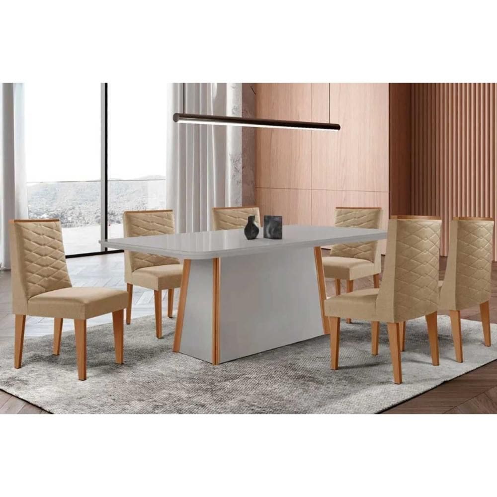Conjunto Sala de Jantar Tilia c/ Tampo Madeirado c/ Vidro Canto Curvo 180x90cm e 6 Cadeiras Dafne Madeira Maciça Naturale/Off White - Capuccino/Linho