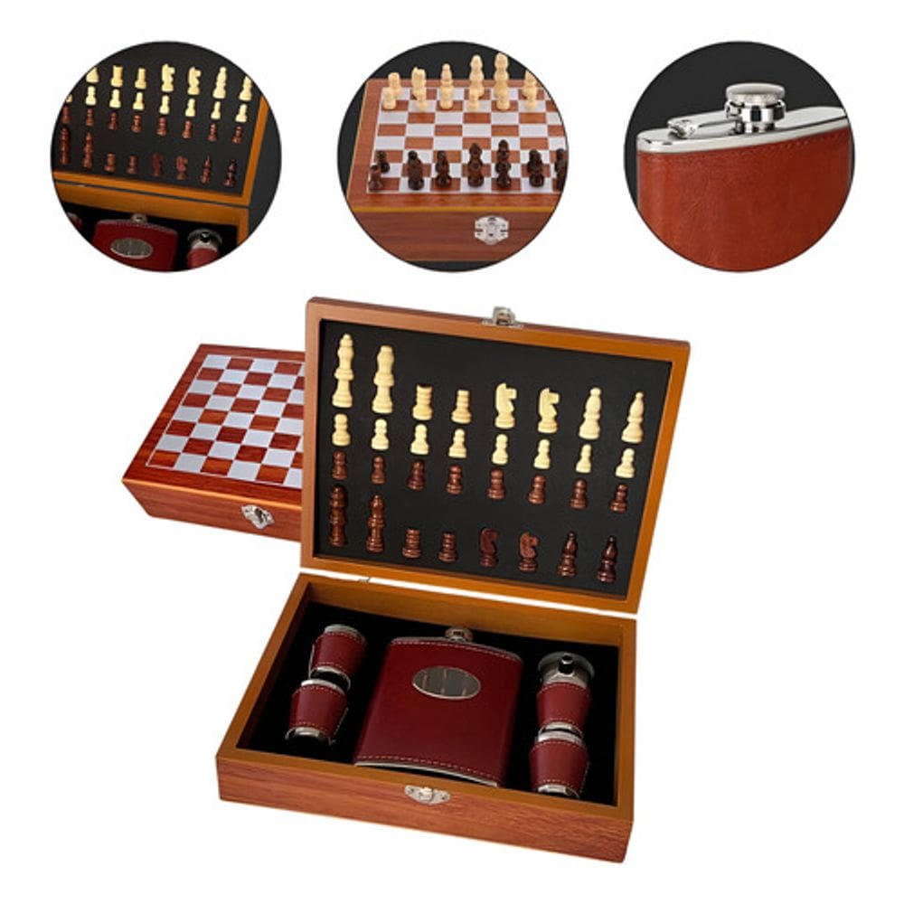 Kit Jogo De Xadrez Com Cantil Inox Portátil