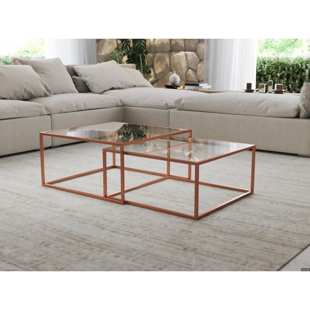 Mesa de Centro Industrial Moderna Atemporal Duo Catarina Cobre e Tampo de Vidro