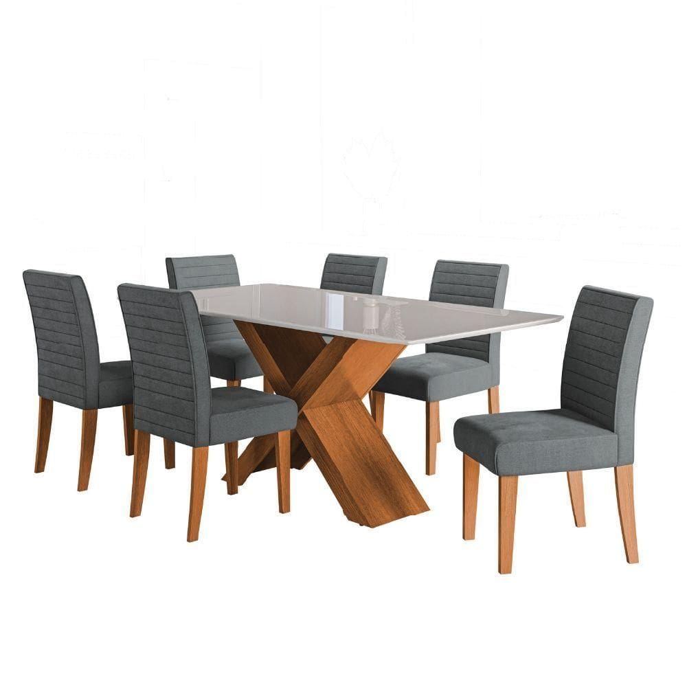 Conjunto De Mesa Sala De Jantar Tampo Com Vidro 1,80m Grécia 6 Cadeiras Creta Dobuê Cinza