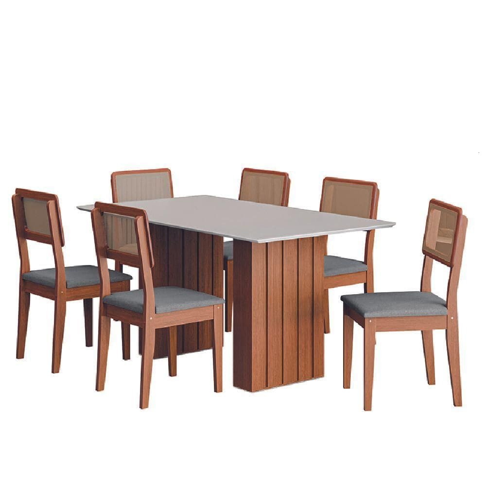 Conjunto De Mesa Sala De Jantar Ripada Tampo Com Vidro 1,60m 6 Cadeiras Santiago Dobuê Cinza