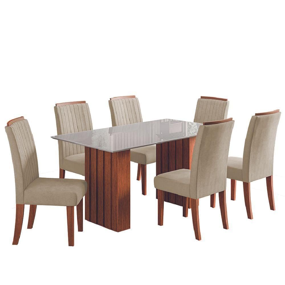 Conjunto De Mesa Sala De Jantar Ripada Tampo Com Vidro Santiago 1,60m 6 Cadeiras Grécia Dobuê Bege