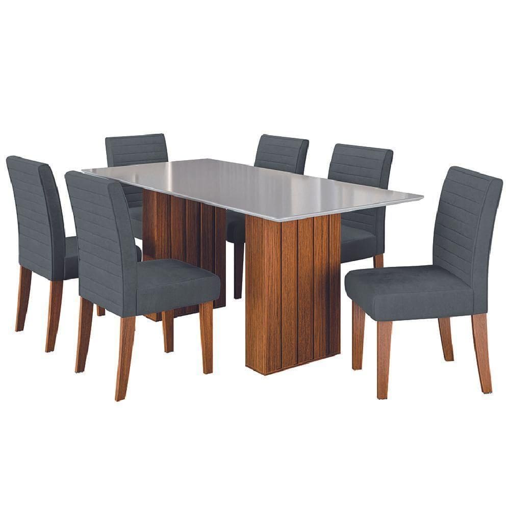 Conjunto De Mesa Sala De Jantar Ripada Tampo Com Vidro Santiago 1,80m 6 Cadeiras Creta Dobuê Cinza