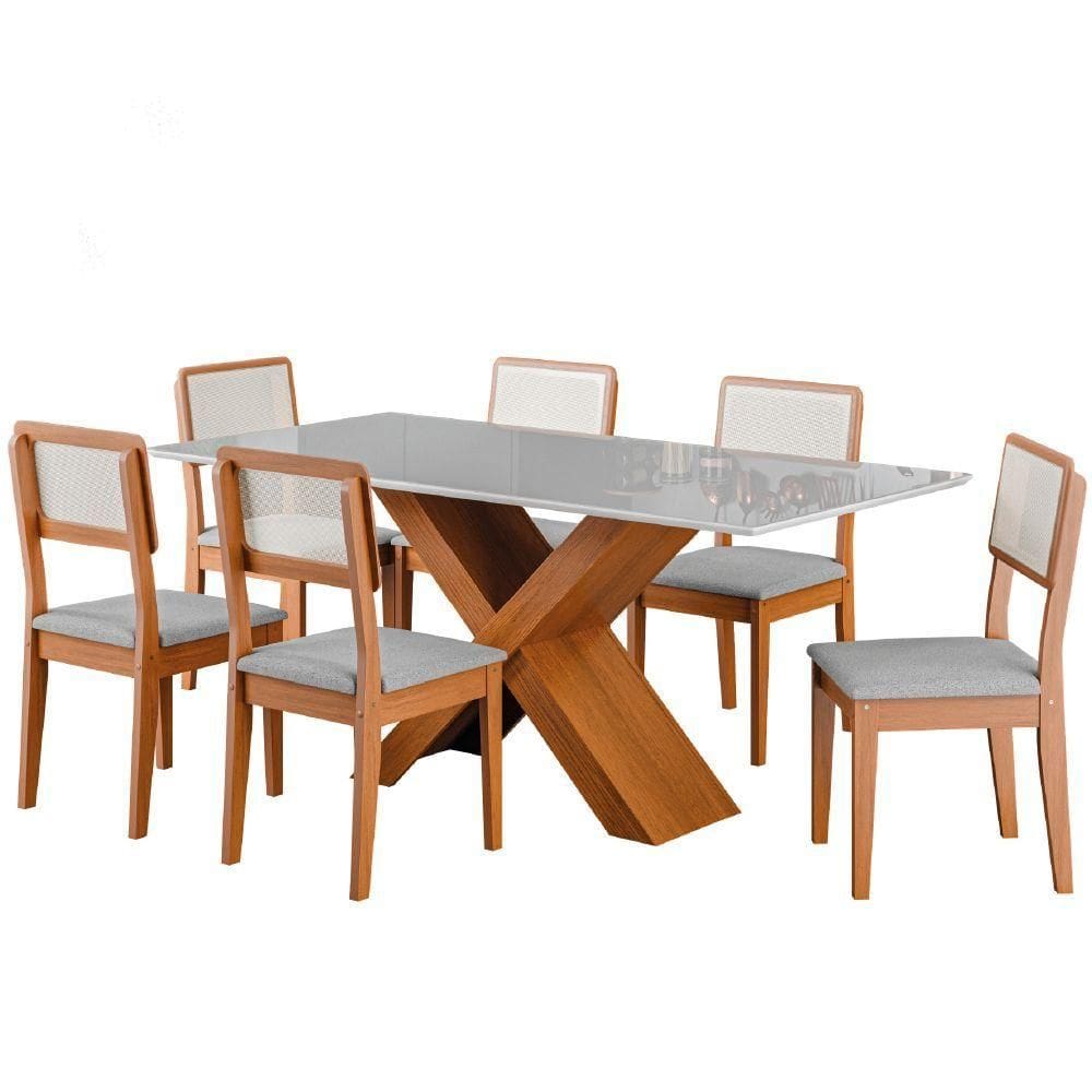 Conjunto De Mesa Sala De Jantar Tampo Com Vidro 1,80m Grécia 6 Cadeiras Santiago Dobuê / Cinza