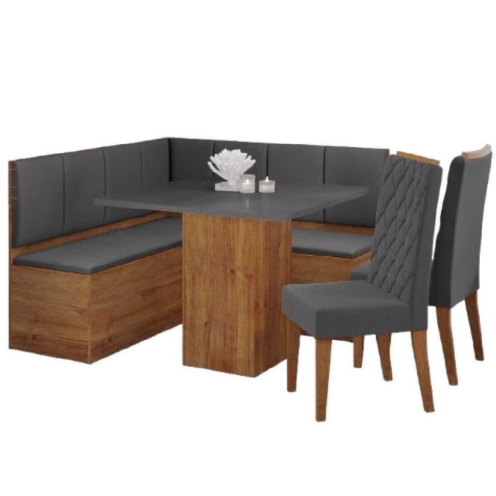 Conjunto Sala De Jantar Canto Alemão Com Baú Liebe Com Mesa Lord 2 Cadeiras Bele Veludo Viero Cinza