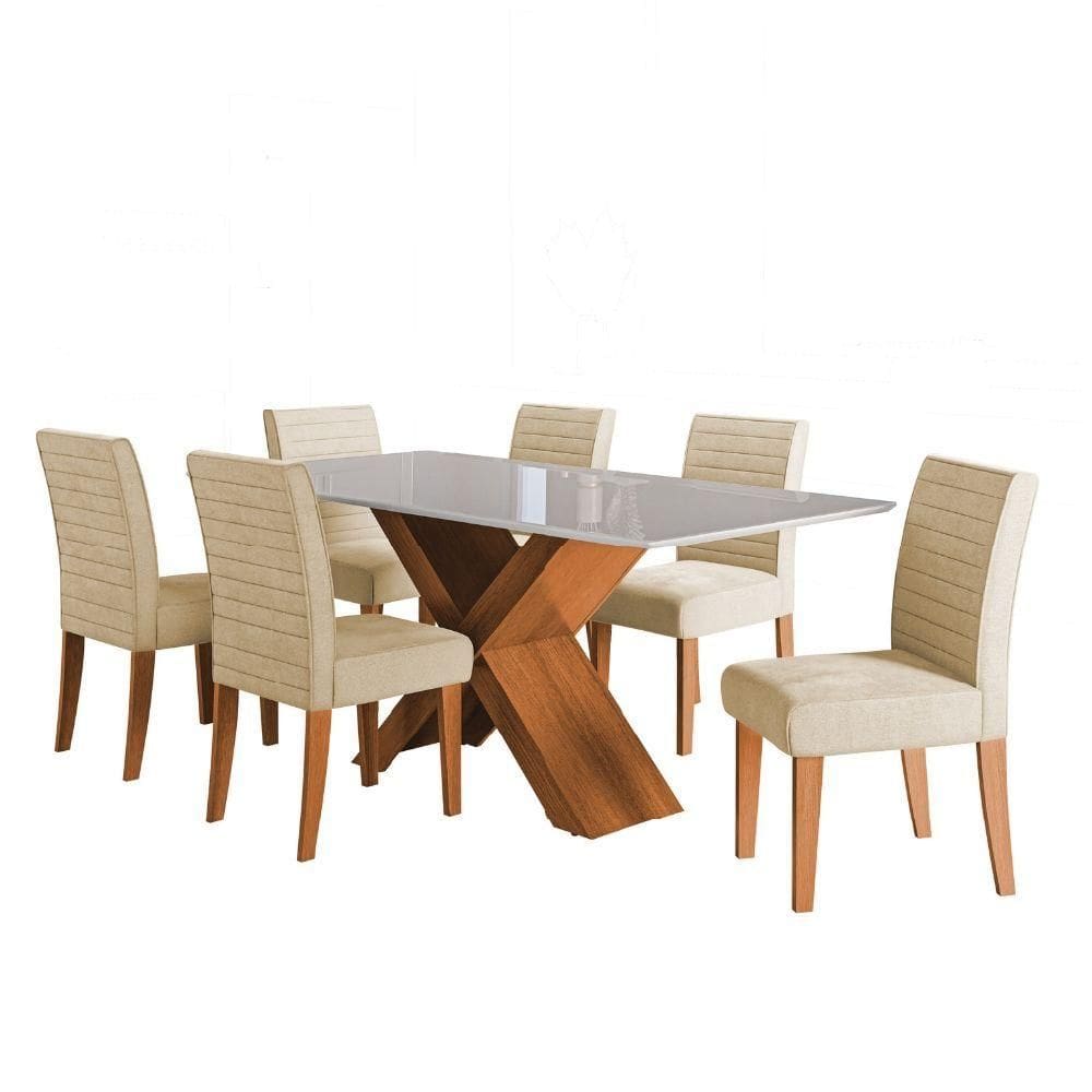 Conjunto De Mesa Sala De Jantar Tampo Com Vidro 1,80m Grécia 6 Cadeiras Creta Dobuê Madeirado / Bege