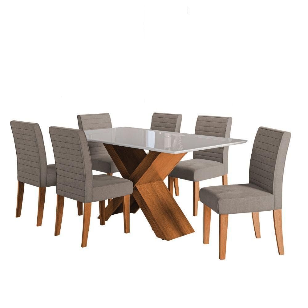 Conjunto De Mesa Sala De Jantar Tampo Com Vidro 1,80m Grécia 6 Cadeiras Creta Dobuê Bege