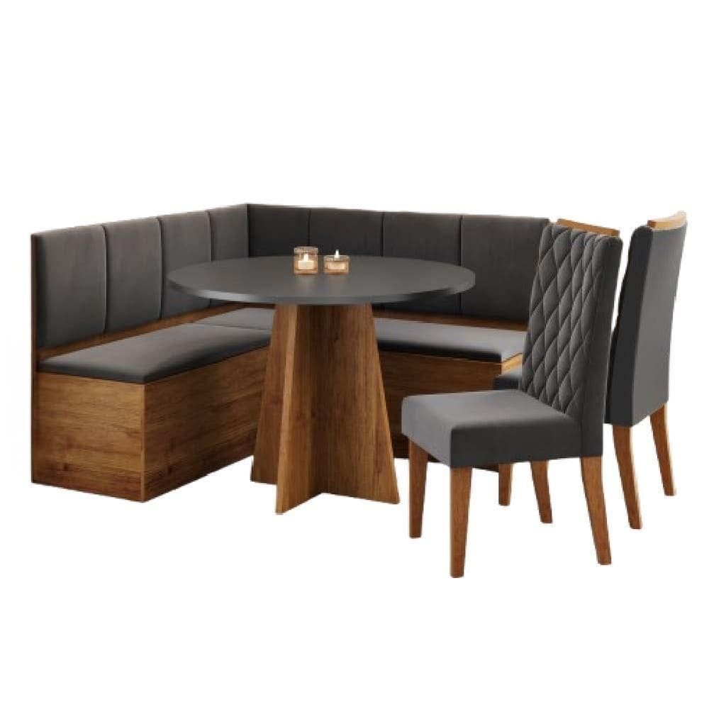 Conjunto Sala De Jantar Canto Alemão Com Baú Liebe Com Mesa Fin E 2 Cadeiras Bele Veludo Viero Cinza