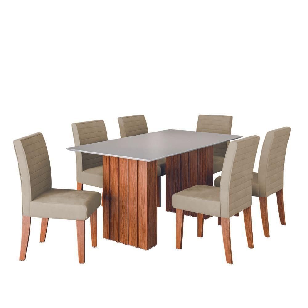 Conjunto De Mesa Sala De Jantar Ripada Santiago 1,60m 6 Cadeiras Creta Dobuê Madeirado / Bege