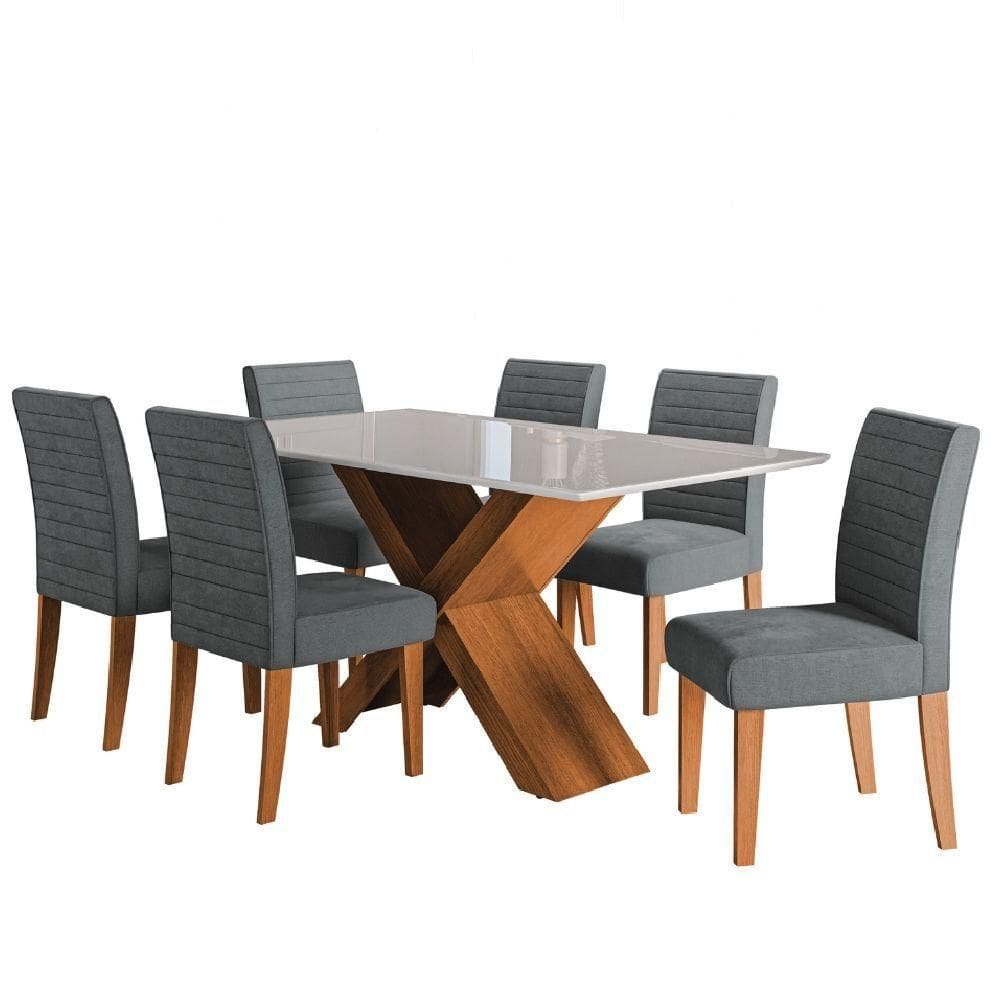 Conjunto De Mesa Sala De Jantar Tampo Com Vidro 1,60m Grécia 6 Cadeiras Creta Madeirado/Cinza