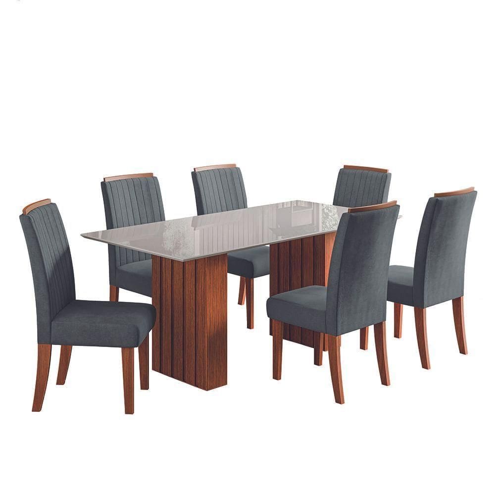 Conjunto De Mesa Sala De Jantar Ripada Tampo Com Vidro Santiago 1,80m 6 Cadeiras Grécia Dobuê Cinza
