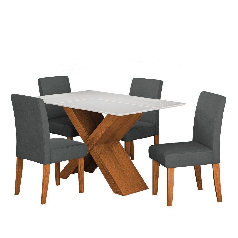 Conjunto De Mesa Sala De Jantar Tampo Com Vidro 1,36m Grécia 4 Cadeiras Trieste Dobuê Cinza