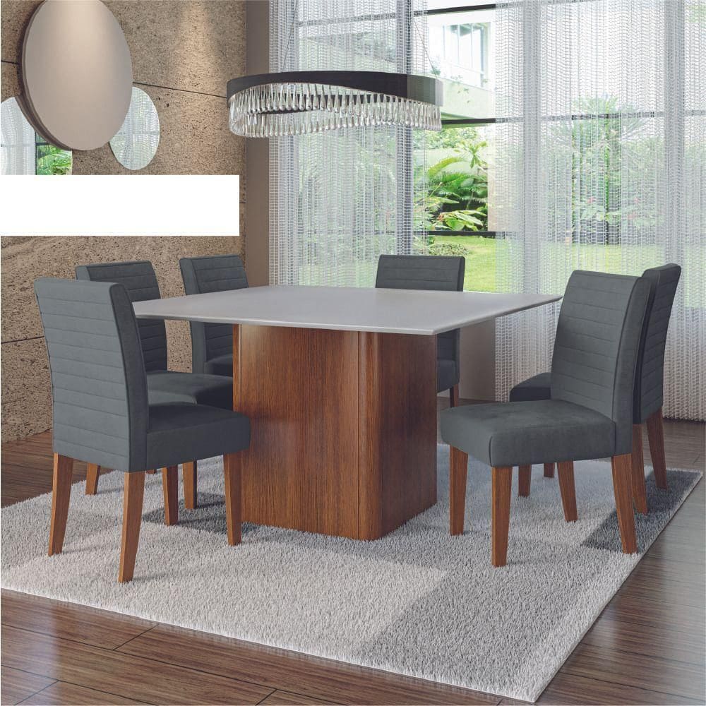 Conjunto Sala De Jantar Mesa Quadrada Montevideo 1,36m 6 Cadeiras Creta Dobuê Madeirado Grafite