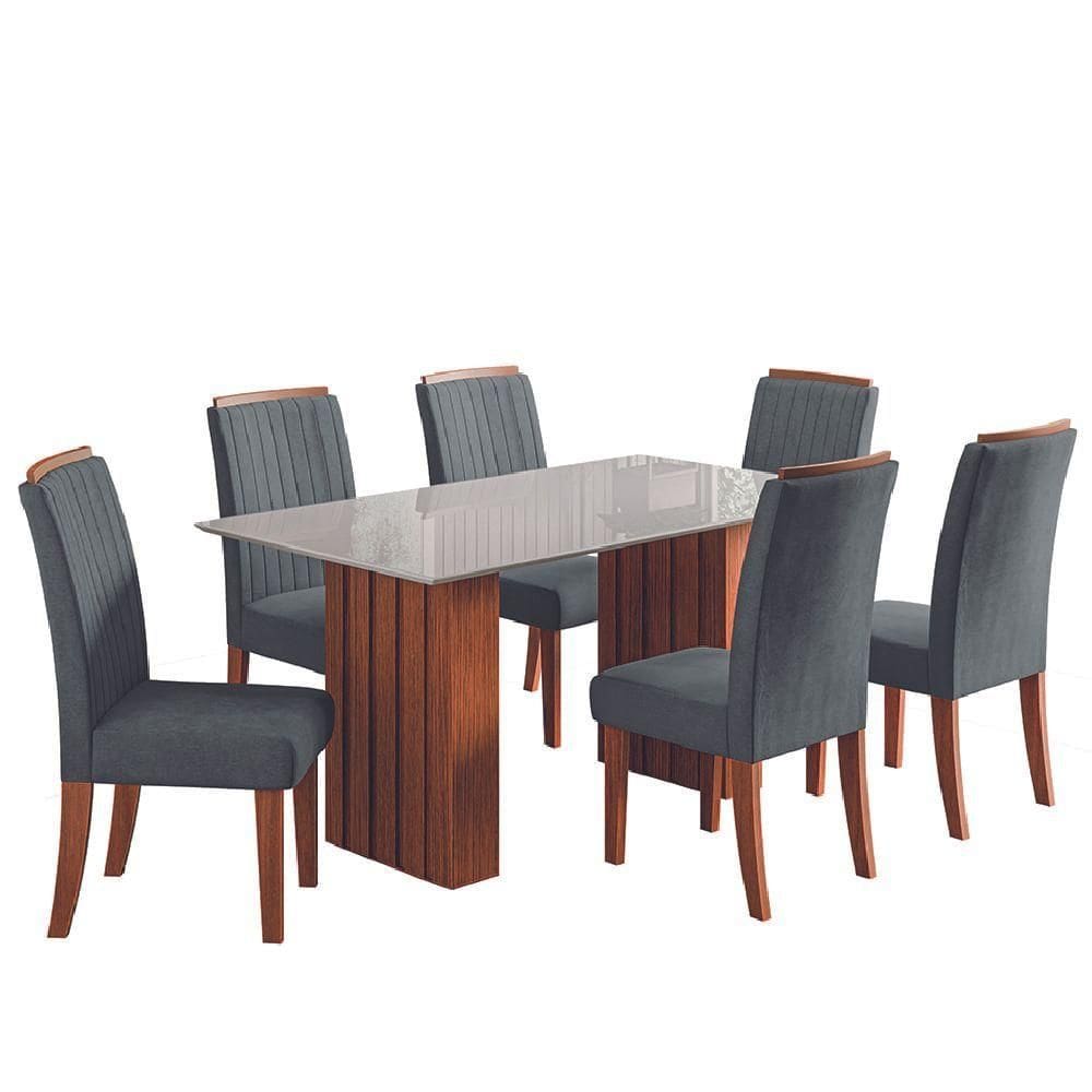 Conjunto De Mesa Sala De Jantar Ripada Tampo Com Vidro Santiago 1,60m 6 Cadeiras Grécia Dobuê Cinza