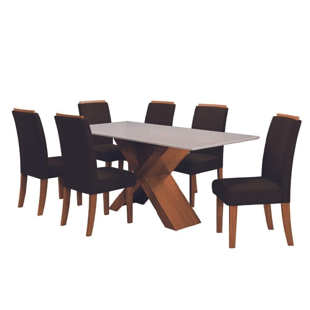 Conjunto de Mesa Sala de Jantar com Tampo de Vidro 1,80m e 6 Cadeiras Grécia Dobuê – Marrom