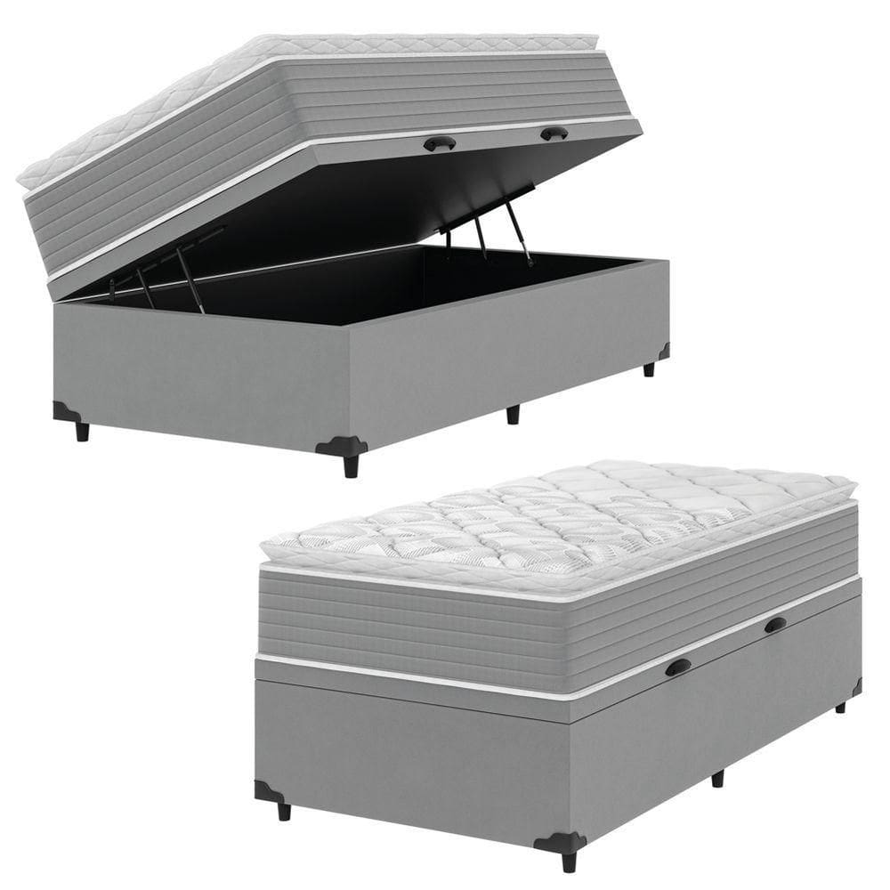 Cama Box Baú Solteiro Molas Ensacadas Pillow Top 88x188x66cm Martino Cinza Umaflex Cinza