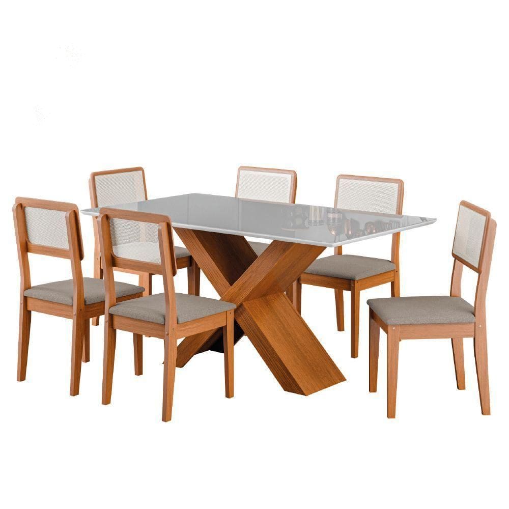 Conjunto De Mesa Sala De Jantar Tampo Com Vidro 1,60m Grécia 6 Cadeiras Santiago Dobuê Off White