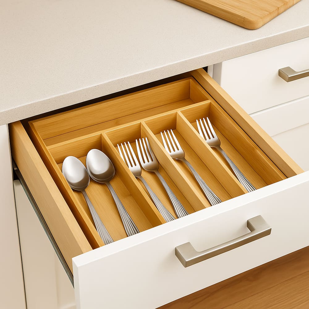 Porta Talheres Organizador de Bambu com 5 Divisórias - Bambu