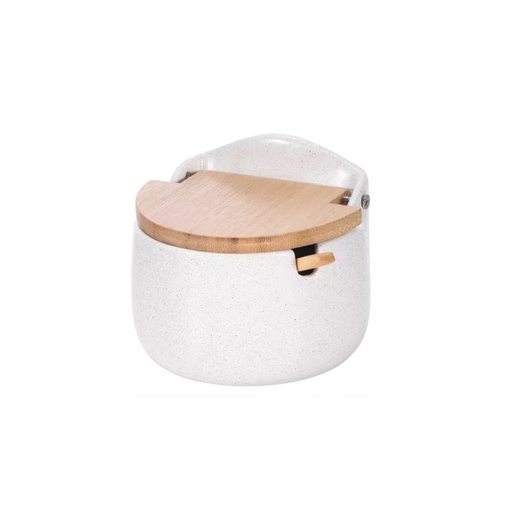 Saleiro Em Cerâmica Com Tampa E Colher De Bambu - Jolitex MEK - Branco