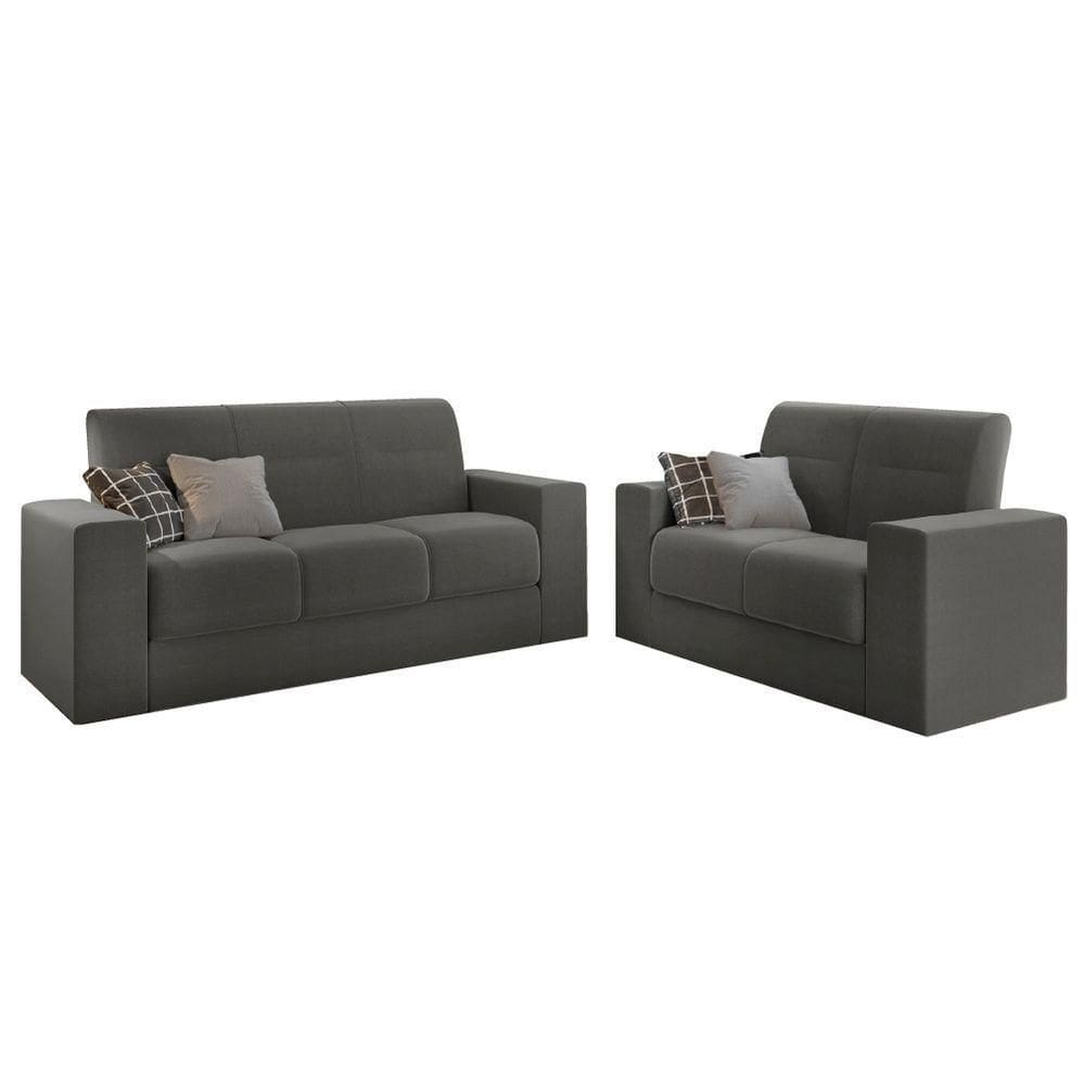 Conjunto De Sofá 2 E 3 Lugares Leon Veludo Mamflex Cinza