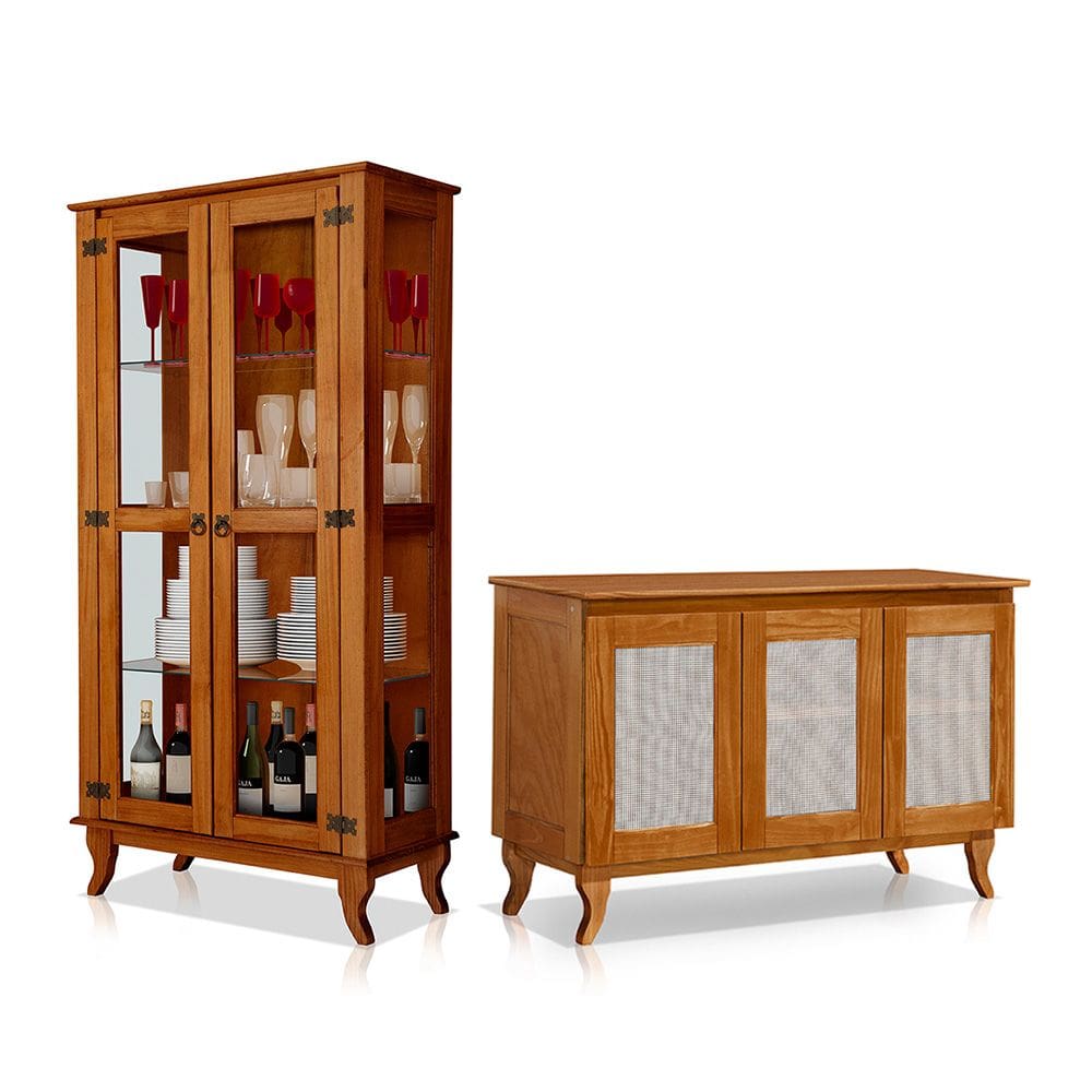 Conjunto Cristaleira com Buffet 3 Portas em Madeira Maciça Acabamento Premium Castanho