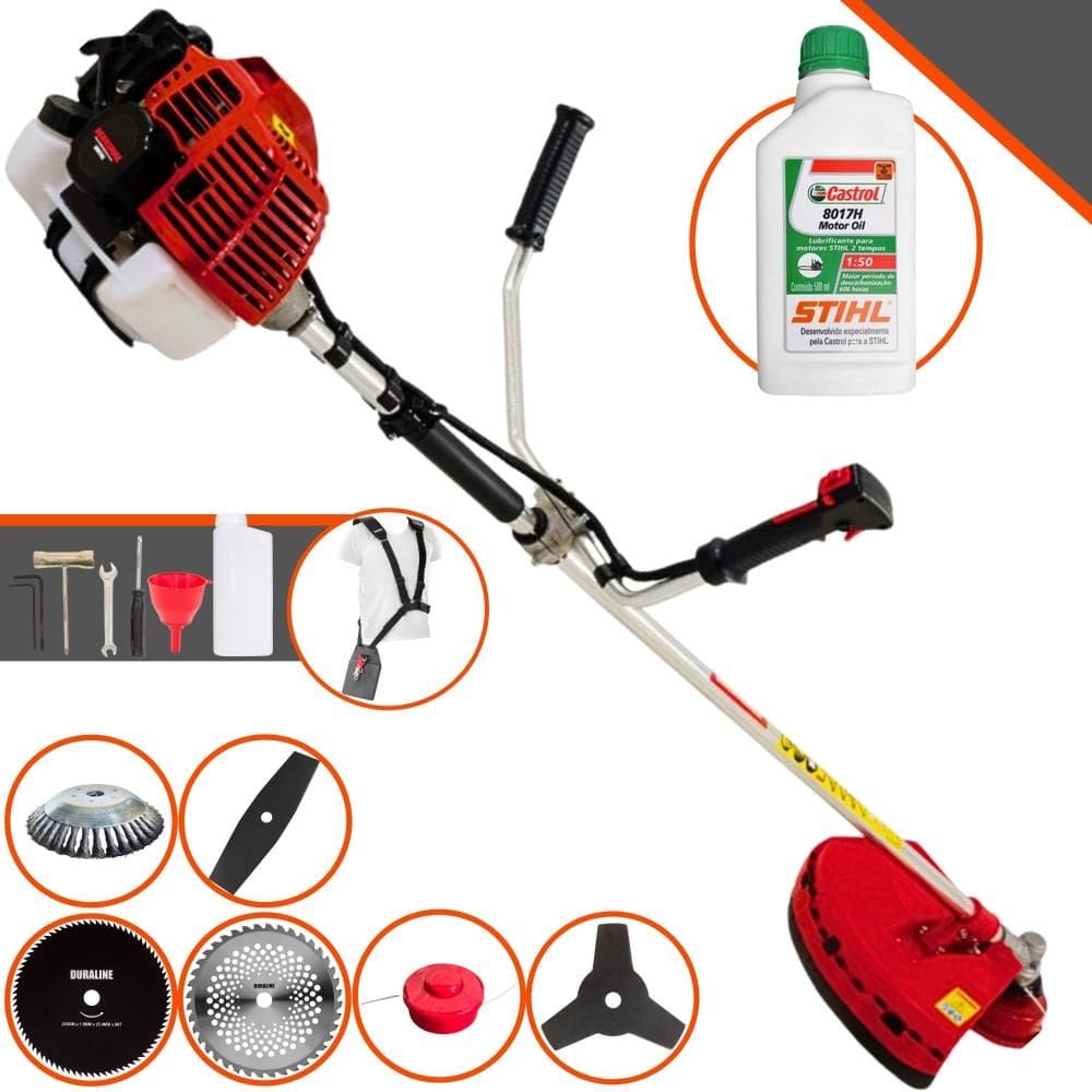 Aparador de Grama À Gasolina Kawashima KW52L 52cc 2,5HP 10.000rpm Roçadeira Multifuncional Lateral Com 6 Opões de Cortes + ÓLEO STIHL 2T