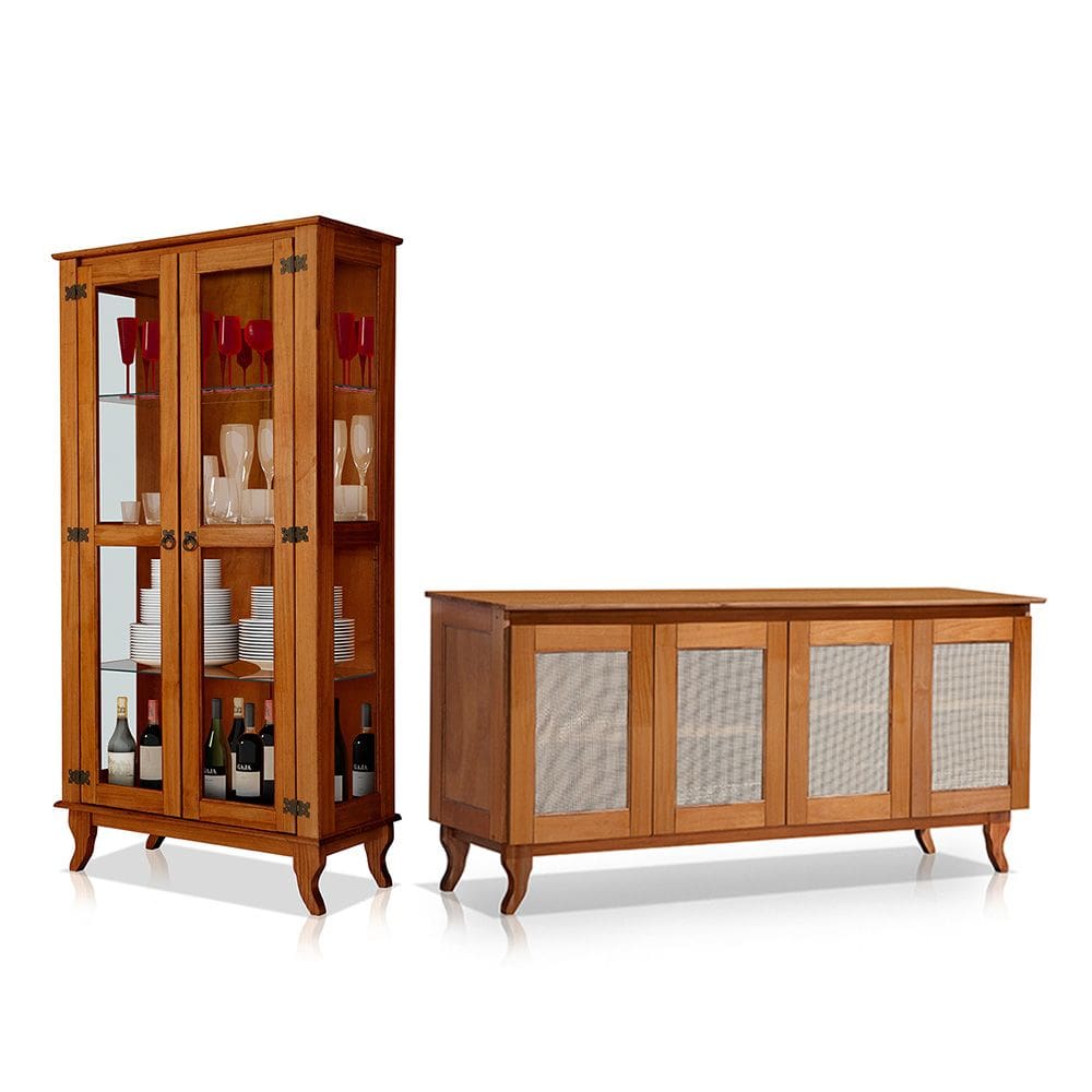 Kit Cristaleira com Buffet 4 Portas em Madeira Maciça Acabamento Premium Castanho