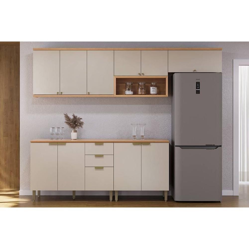 Cozinha Completa Selene 5 Peças (3Aéreos+2Balcões) CP16 Jequitiba/Off White Fosco - Linea Brasil