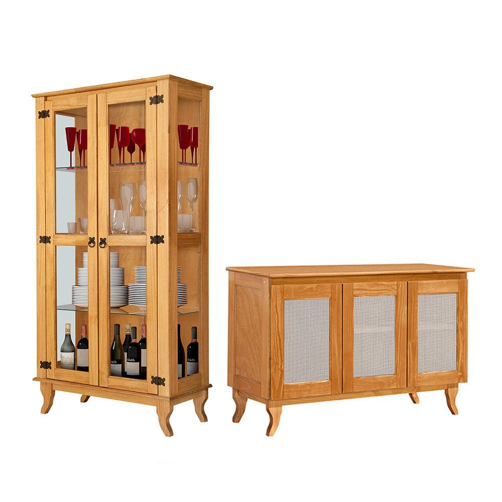 Conjunto Sala de Jantar Cristaleira de Madeira Antiga com Buffet 3 Portas Premium Imbuia
