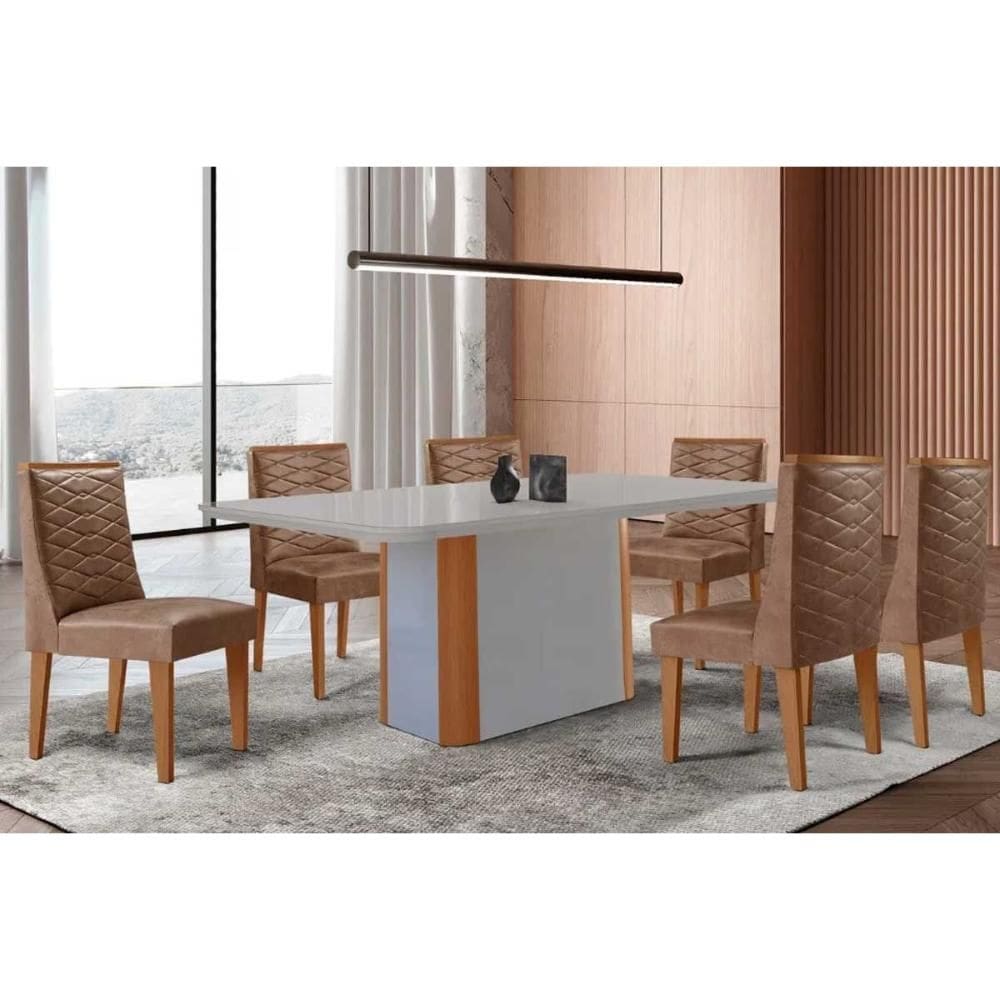 Conjunto Sala de Jantar Pietá c/ Tampo Madeirado c/ Vidro Canto Curvo 180x90cm e 6 Cadeiras Dafne Madeira Maciça Naturale/Off White - Capuccino/Corano