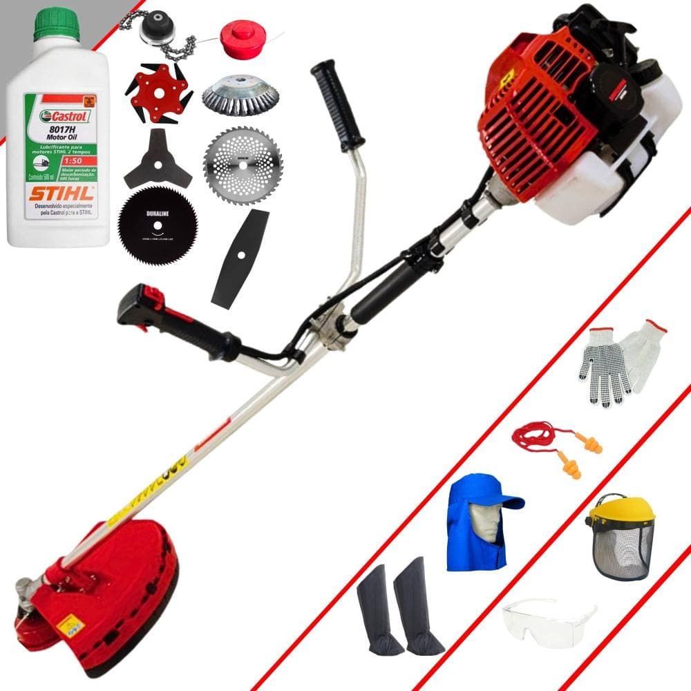 Roçadeira  Kawashima KW52L À Gasolina 52cc 2,5HP Alta Rotação Com Carretel de Nylon + Kit 7 Opções de Cortes + EPI + ÓLEO STIHL 2 Tempos