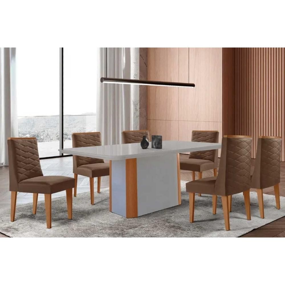 Conjunto Sala de Jantar Pietá c/ Tampo Madeirado c/ Vidro Canto Curvo 180x90cm e 6 Cadeiras Dafne Madeira Maciça Naturale/Off White - Capuccino/Suede