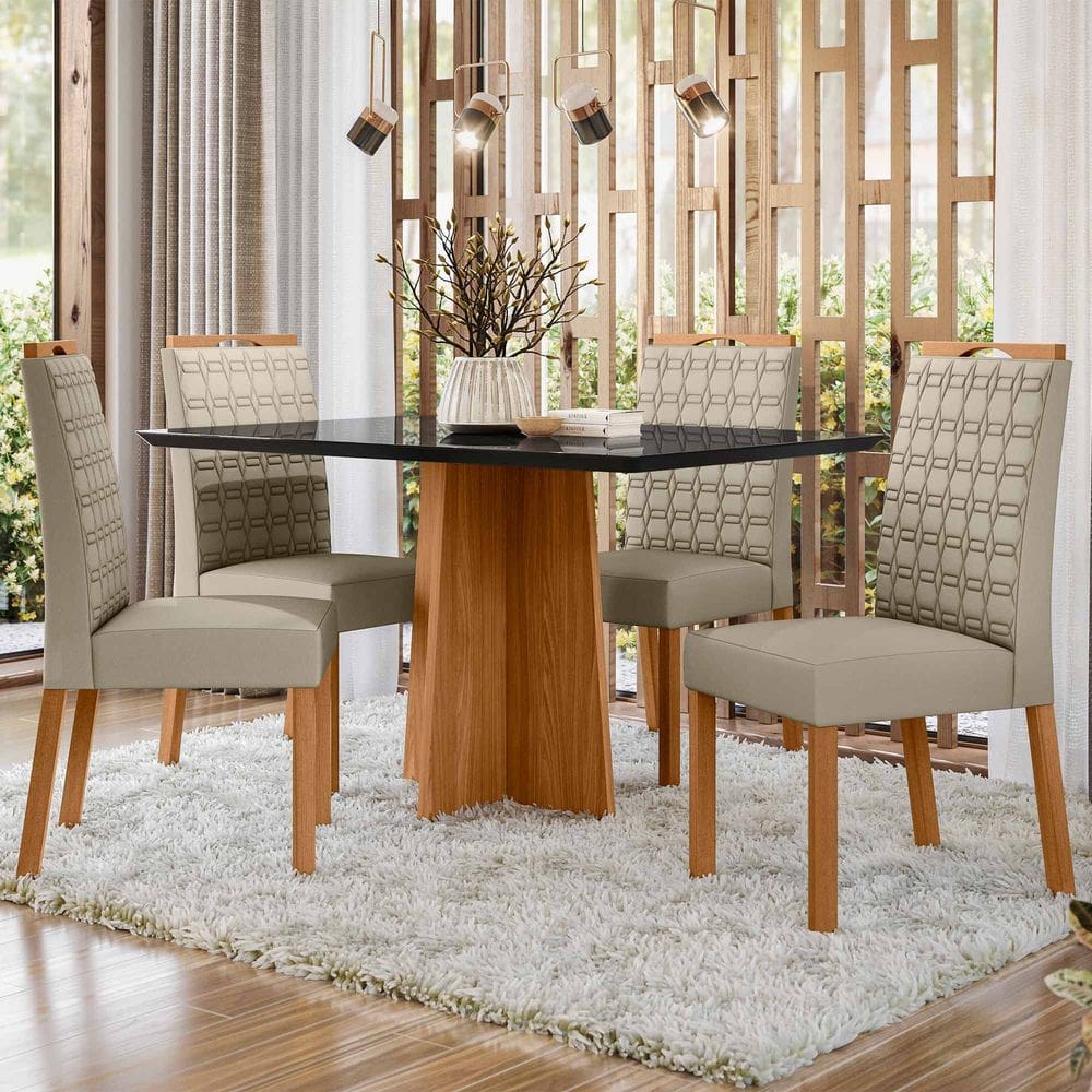 Conjunto Sala de Jantar Mesa Anitta 1,35m com 4 Cadeiras Mariah Ypê/Preto/Ja01 - New Ceval