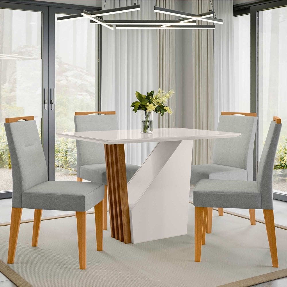 Conjunto Sala de Jantar Mesa 1,20 Veneza com 4 Cadeiras Lectus Ypê/Off White/Ln02 - New Ceval