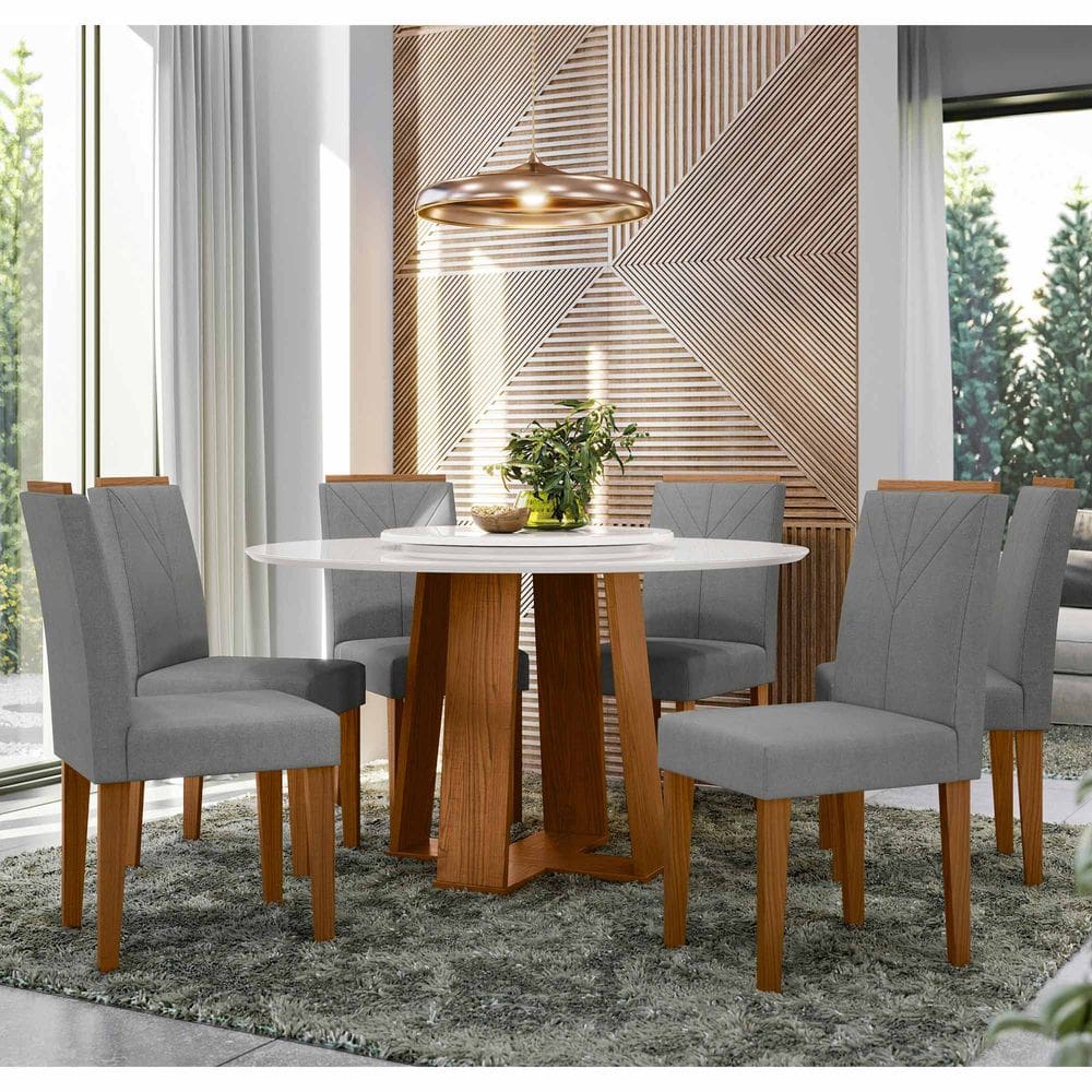 Conjunto Sala de Jantar Mesa Isabela 1,35m com Tampo Giratório e 6 Cadeiras Amanda Ypê/Off White/Ln02 - New Ceval