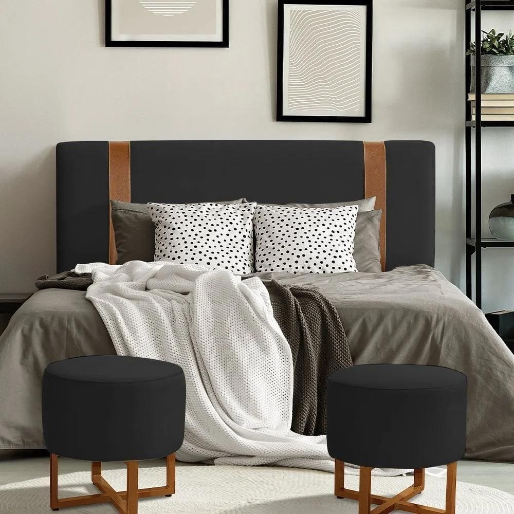 Cabeceira Casal Estofada Zeus 140cm Com Cintos De Couro Veludo Preto