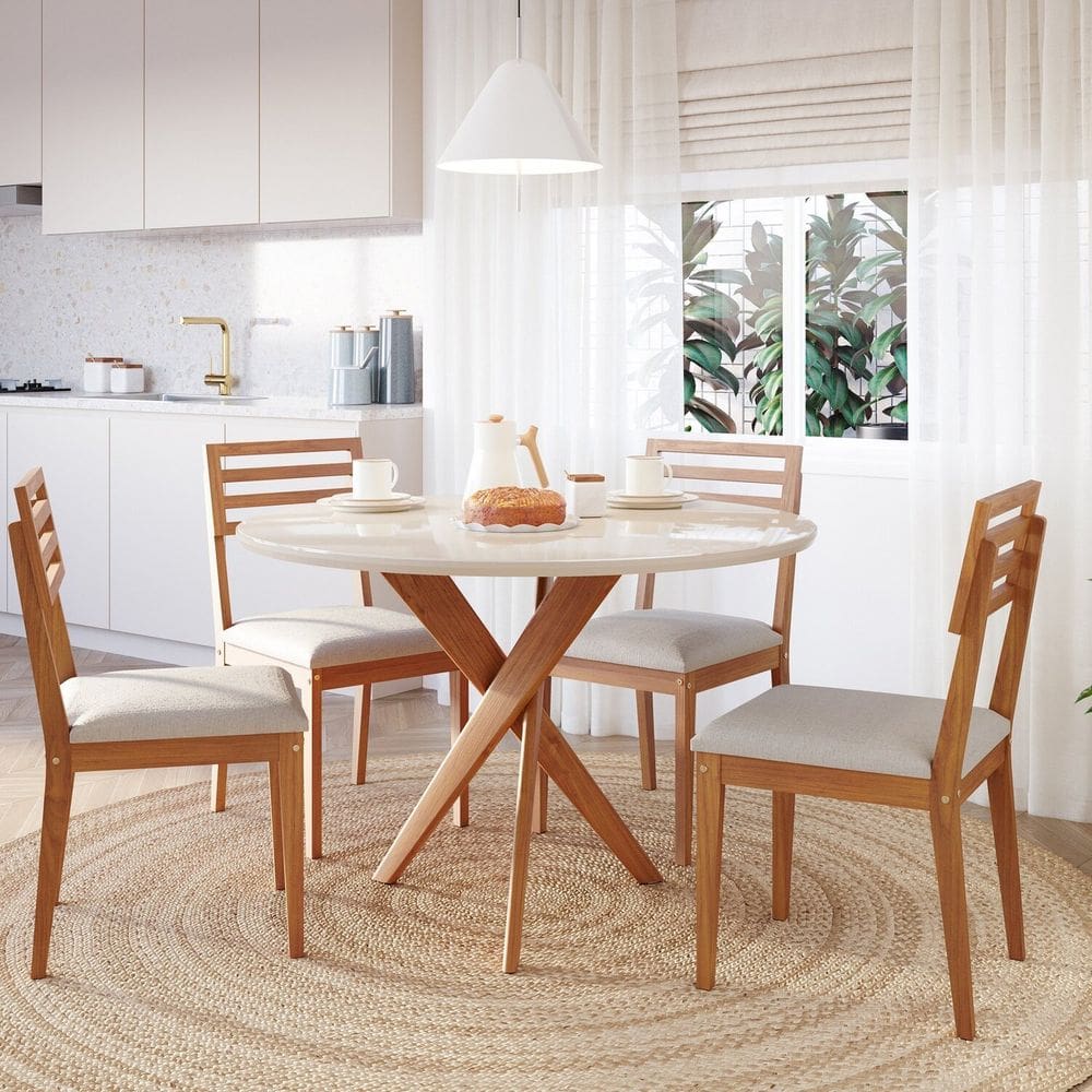 Conjunto Sala de Jantar Cacau Redonda 109cm com Vidro e 4 Cadeiras Juparanã Off White/ Cinza