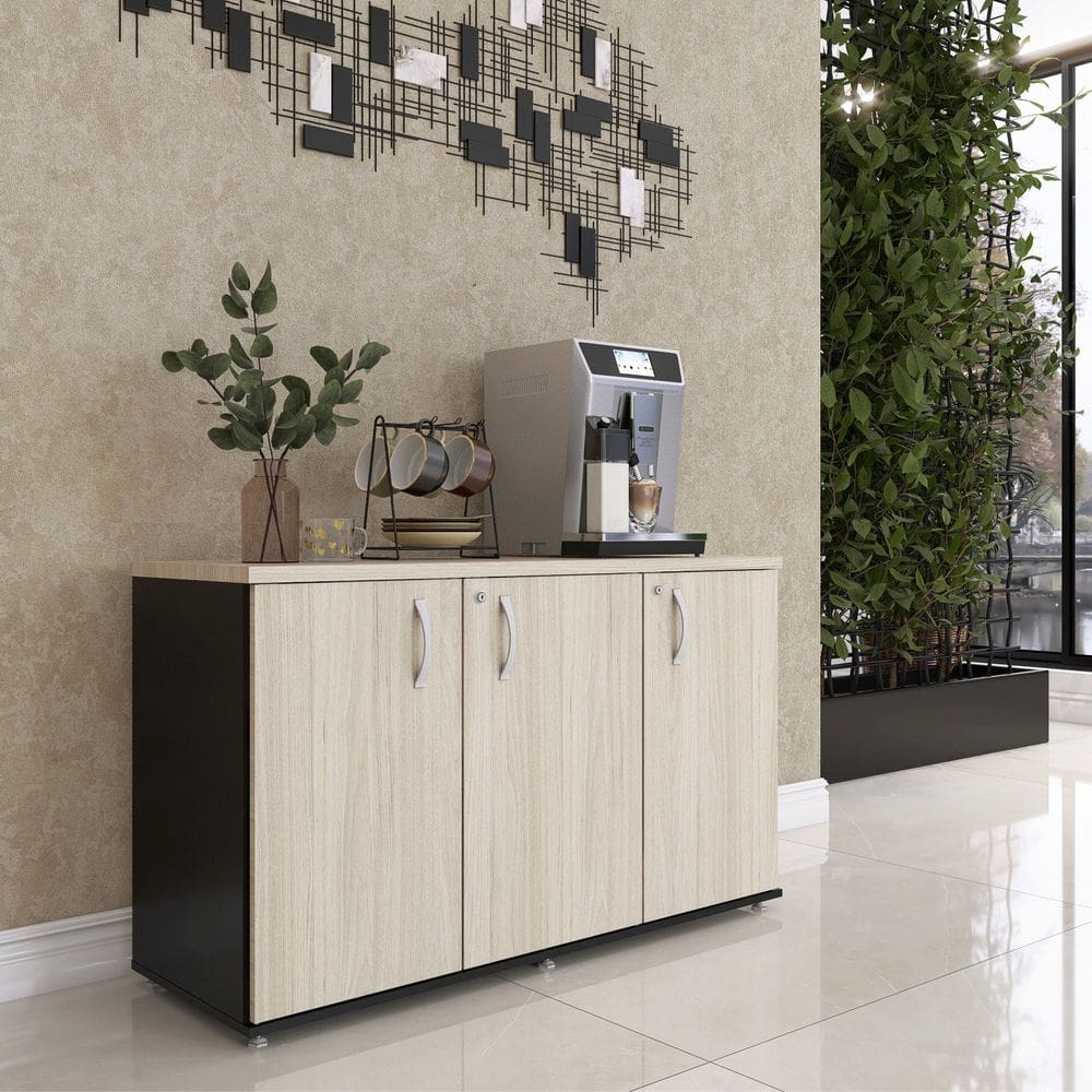 Armário para Escritório 3 Portas Credenza Preto/Nogueira